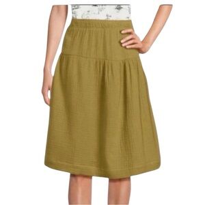 Chelsea & Theodore A-Line Cotton Gauze Boho Midi Skirt in Olive Green Size S